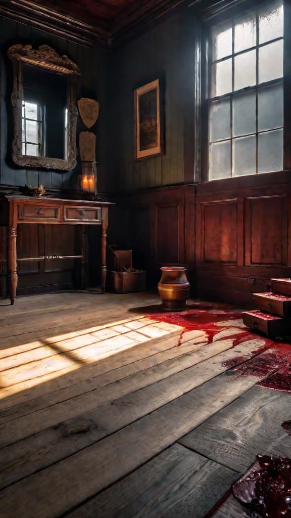  victorian era house at night, bloodied axe on floor, eerie shadows, haunted atmosphere, 1912 villisca iowa hyperrealistic, full body, detailed clothing, highly detailed, cinematic lighting, stunningly beautiful, intricate, sharp focus, f/1. 8, 85mm, (centered image composition), (professionally color graded), ((bright soft diffused light)), volumetric fog, trending on instagram, trending on tumblr, HDR 4K, 8K