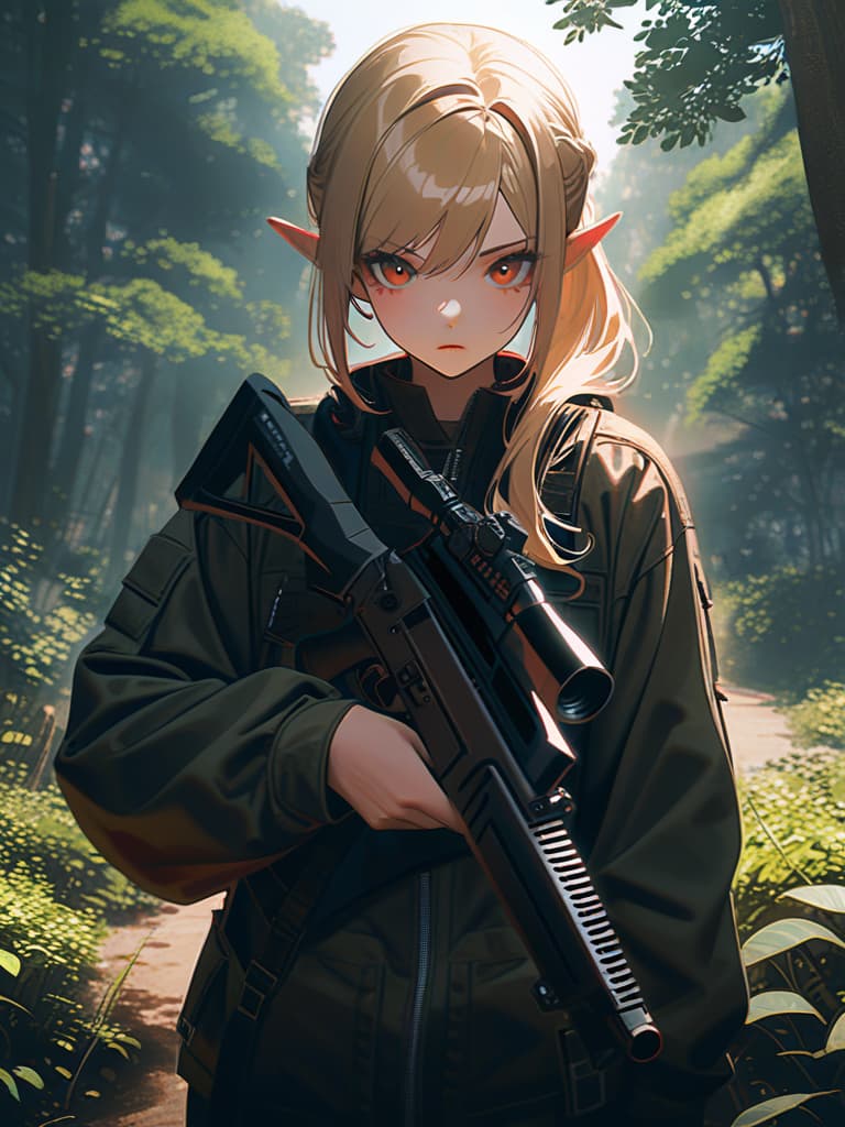  best quality、masterpiece、ultra detailed texture、absurd resolution、raw photorealistic、((blonde elf aiming at viewer with sniper rifle:1.8、accurate sniper rifle:1.2))、(tilt one's head、camouflage pattern clothes:1.2)、hold the sniper rifle、ponytail、in bush、💩、💩、💩、💩、💩、