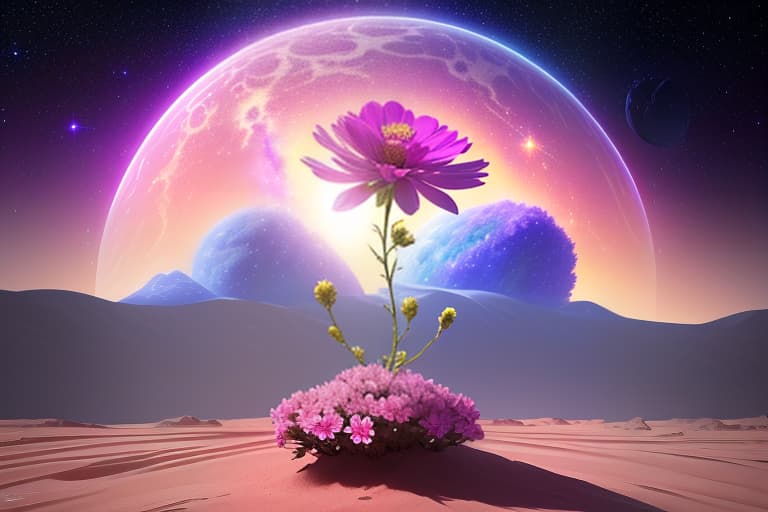  galaxy and lone extraterrestrial flower grows on a large lifeless planet, space, deep meaning, clear and beautiful picture 8k, cute , furry , expressive , by seth casteel , carli davidson , rachael hale mckenna, kaylee greer, sophie gamand