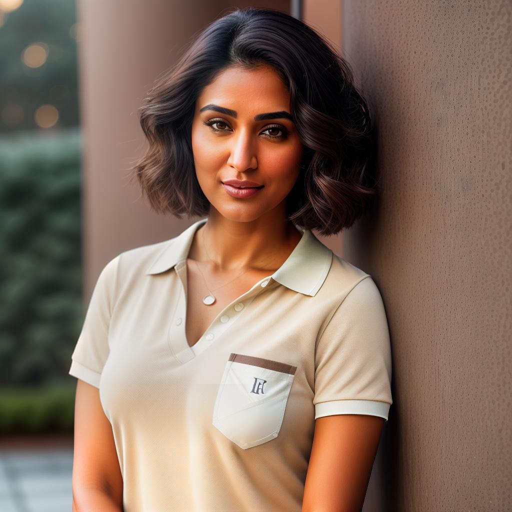  (((realistic full torso frontal head shot of a light brown to medium brown skin tone woman))), isha usha soni, ((indian heritage)), immature face, hazel eye color, ((short hair style)), (( hair color)), (( body type)), small size, small size, (immature small upturned nose), (immature prominent cheekbones), (immature smooth jawline), (immature full lips), (immature medium forehead), (immature even eyebrows), (immature rounded chin), standing straight looking directly into the camera,((wearing fitted polo shirt with deep v neck and monogrammed pocket)), backyard in background, 1girl, best quality, highest quality, award winning photo, masterpiece, raw, professional photography, photorealism, sharp focus, cinemat hyperrealistic, full body, detailed clothing, highly detailed, cinematic lighting, stunningly beautiful, intricate, sharp focus, f/1. 8, 85mm, (centered image composition), (professionally color graded), ((bright soft diffused light)), volumetric fog, trending on instagram, trending on tumblr, HDR 4K, 8K