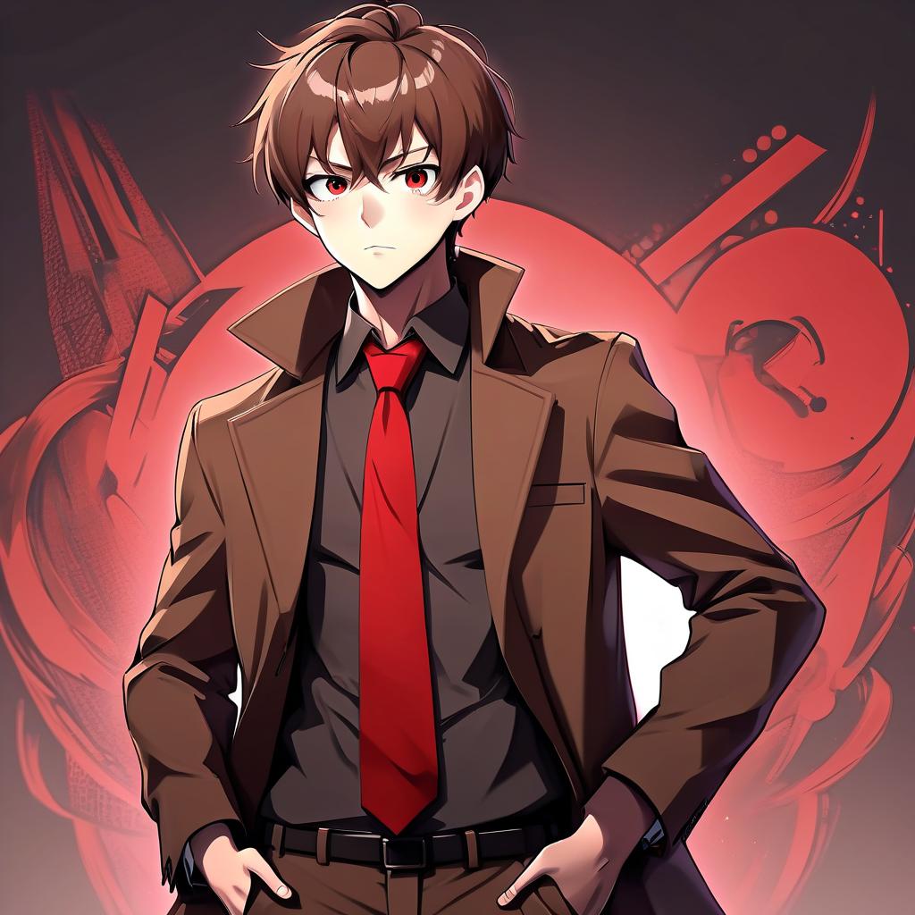  anime artwork guy with a short brown haircut and a small beard on his chin in a brown coat in black trousers and a red tie . anime style, key visual, vibrant, studio anime, highly detailed