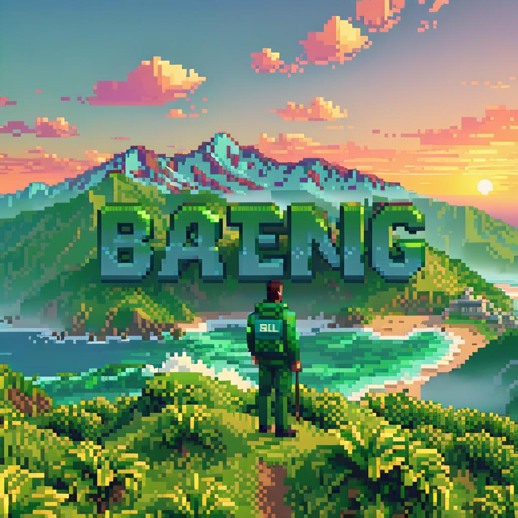  pixel art the word batumi text on the back of the mountains with a wave of large sunset green blue picselart . low res, blocky, pixel art style, 8 bit graphics hyperrealistic, full body, detailed clothing, highly detailed, cinematic lighting, stunningly beautiful, intricate, sharp focus, f/1. 8, 85mm, (centered image composition), (professionally color graded), ((bright soft diffused light)), volumetric fog, trending on instagram, trending on tumblr, HDR 4K, 8K