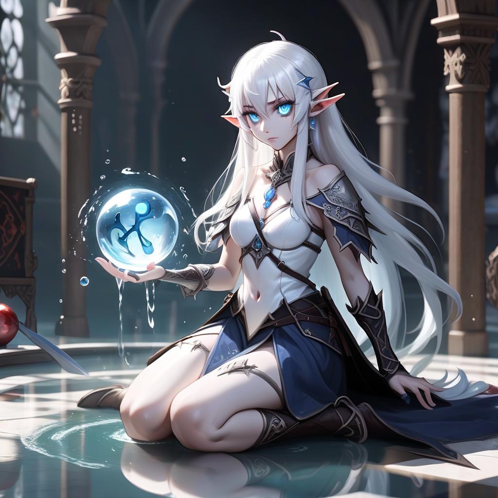   .1 () (half elf, half demon) (very high detail), not tall, middle +++++++++, body (s) fully visible++++++(very high detail), +++, in the right hand bloody sword, left hand creates a spell of water ball (with effects of magic), sits on the floor, white hair, middle + + + +, blue eyes (light eyes), slim body, legs wide apart, the perspective of the is remote in full height, the left hand creates a spell of a water ball (with magic balls), sits on the back of the : white hair, she is not dressed up to the :