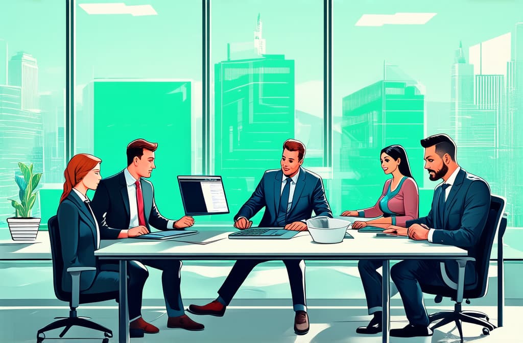  professional detailed photography, people working in office. business illustration representing busy life ar 3:2, (muted colors, dim colors, soothing tones), (vsco:0.3)