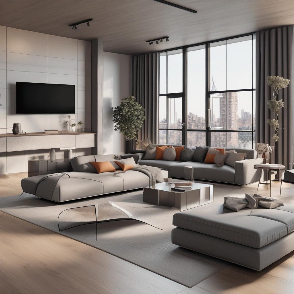  masterpiece, best quality, Best Quality, Masterpiece, 8k resolution,high resolution concept art of an apartment living room with floor to ceiling windows and modern furniture