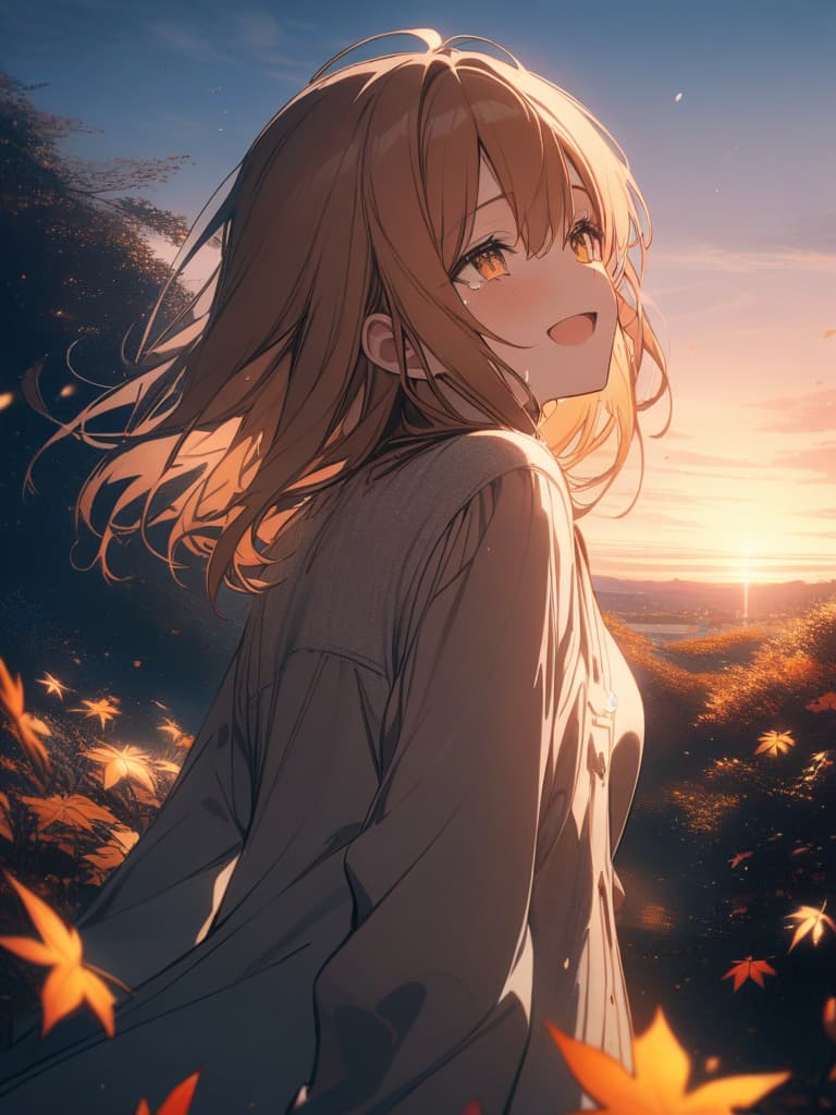  autumn, kaede tree, autumn leaves are scattered, girls, orange hair, yellow eyes, laughing, tears, dusk, goodbye, crying., masterpiece, best quality,8k,ultra detailed,high resolution,an extremely delicate and beautiful,hyper detail