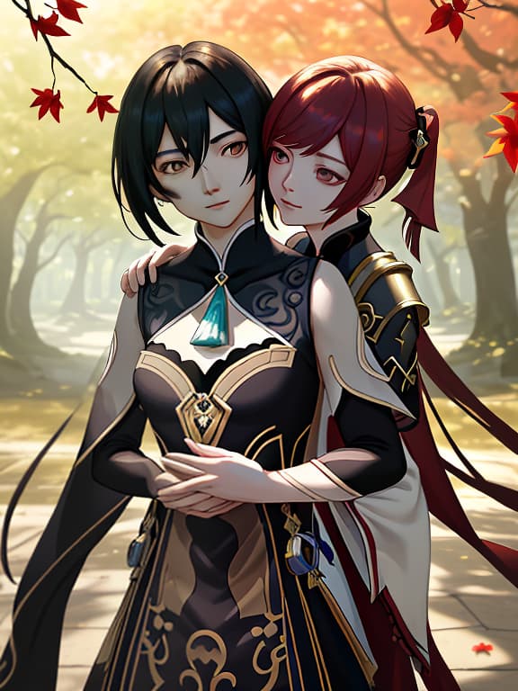  art, where rizley with genshin impact and lynette with genshin impact gently hug and look at each other, and against the background a landscape with falling cherry leaves, photorealistic, hyperrealistic, hyperdetailed, analog style, demure, detailed skin, pores, smirk, smiling eyes, matte skin, soft lighting, subsurface scattering, realistic, heavy shadow, masterpiece, best quality, ultra realistic, 8k, golden ratio, intricate, high detail, film photography, soft focus