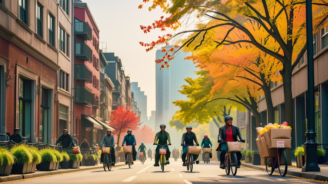  a bustling urban scene featuring a diverse group of cyclists on utility bikes, loaded with groceries and cargo. colorful bike lanes, trees lining the streets, and modern buildings in the background create a vibrant atmosphere. hyperrealistic, full body, detailed clothing, highly detailed, cinematic lighting, stunningly beautiful, intricate, sharp focus, f/1. 8, 85mm, (centered image composition), (professionally color graded), ((bright soft diffused light)), volumetric fog, trending on instagram, trending on tumblr, HDR 4K, 8K