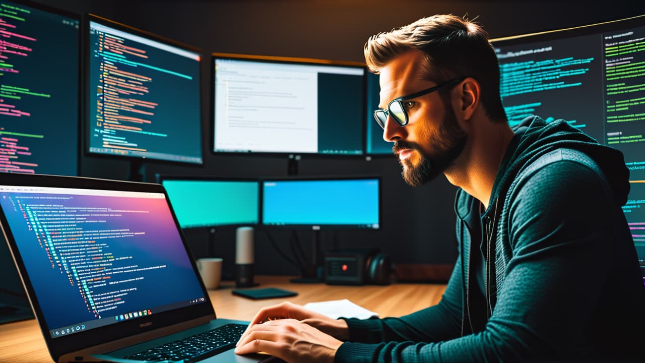  a programmer at a sleek desk, surrounded by code snippets, a glowing laptop displaying a colorful flowchart of rest api architecture, with python logos, coffee cup, and a notepad filled with ideas. hyperrealistic, full body, detailed clothing, highly detailed, cinematic lighting, stunningly beautiful, intricate, sharp focus, f/1. 8, 85mm, (centered image composition), (professionally color graded), ((bright soft diffused light)), volumetric fog, trending on instagram, trending on tumblr, HDR 4K, 8K