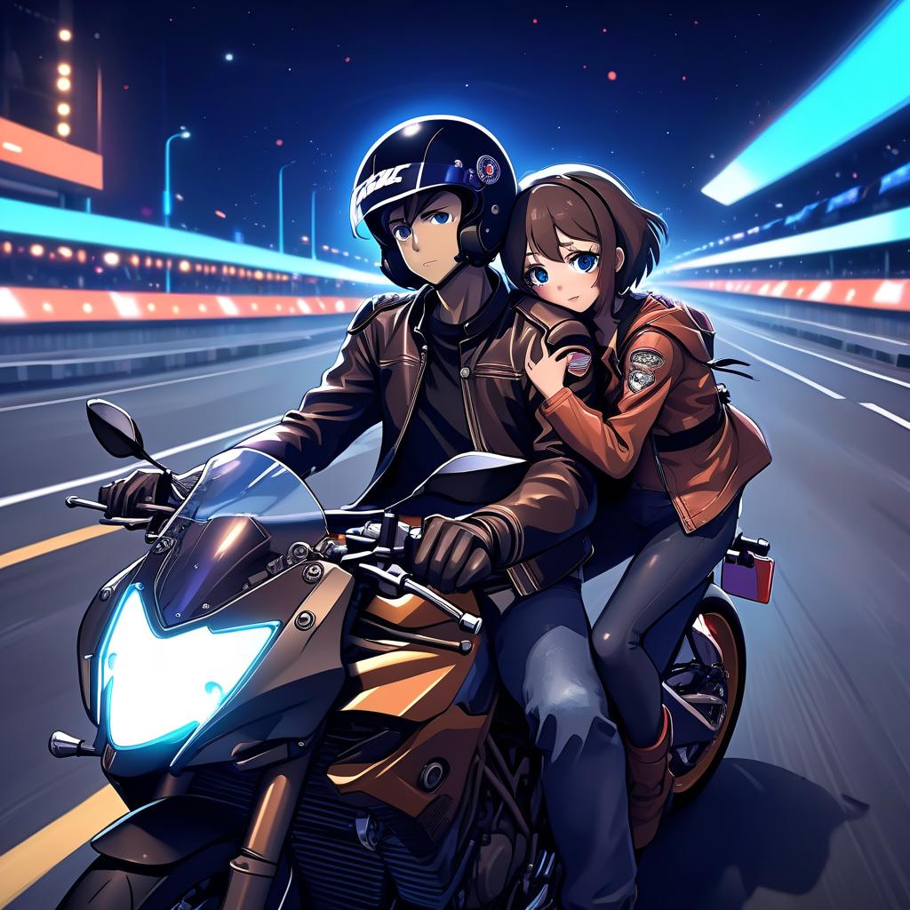  anime artwork at the wheel of a motorcycle sits a guy in a motorcycle helmet, and behind him sits a girl and hugs him, amid the night lights of an empty track. . anime style, key visual, vibrant, studio anime, highly detailed