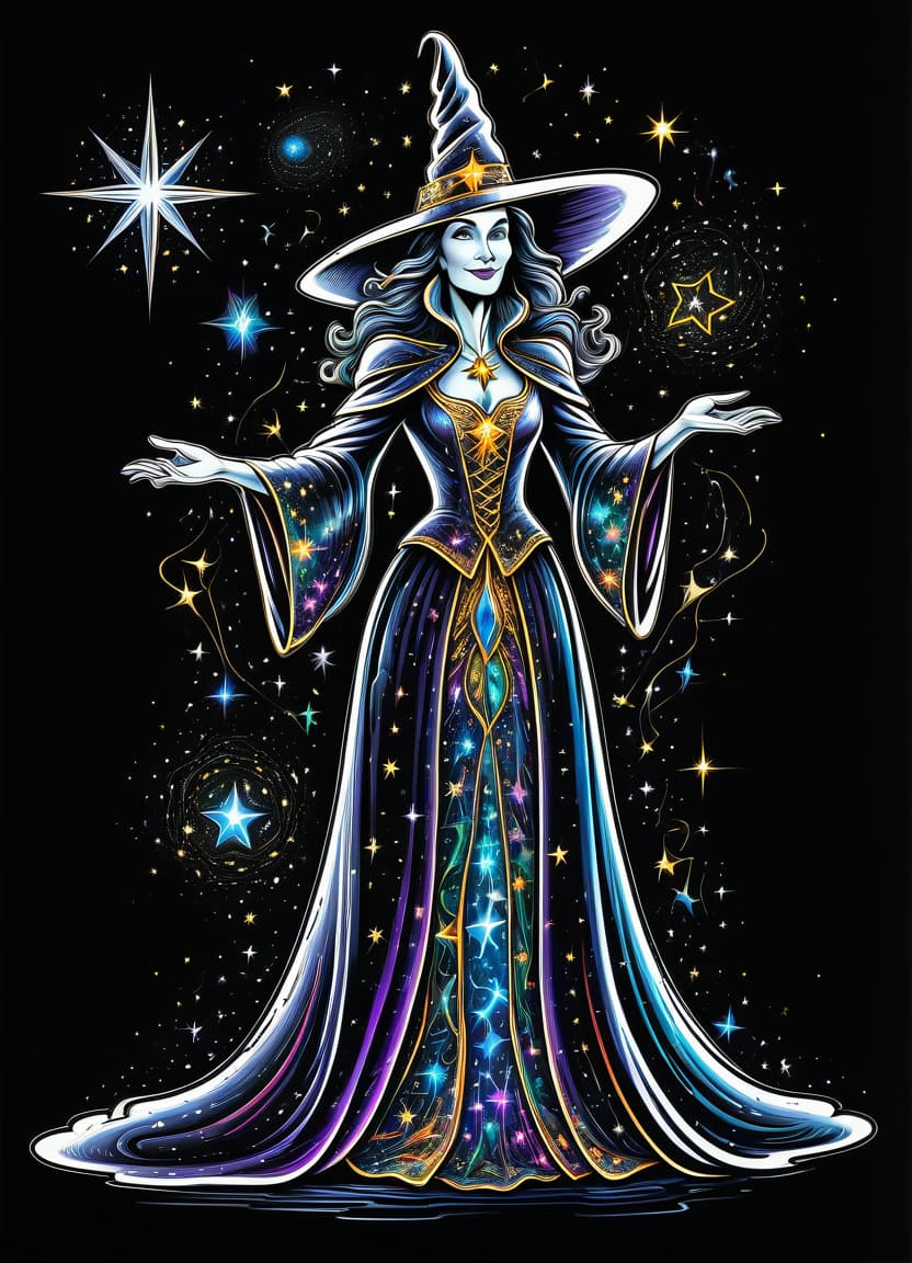  thin, fine fractal glossy vivid multicolore ink sketch on the black background, shiny contours outlines of a good witch in a robe with stars, in a pointed hat with stars, frame with intricate thin ornamentation from comet, stars and cosmic dust: (thin: 1,4) lines,