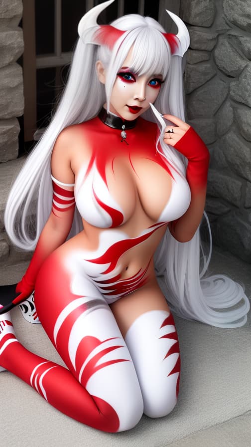  Full body red and White flame pattern body paint,silver body paint on the whole body, silver face paint on the face,succubus 女性