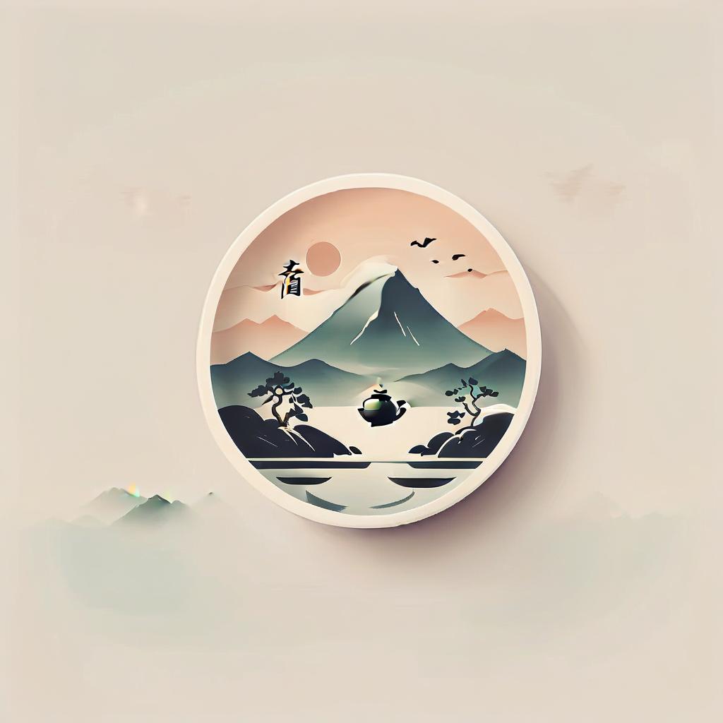  minimalist style create a logo for a chinese teahouse using images of the sea, mountains, tea bowl . simple, clean, uncluttered, modern, elegant, logo