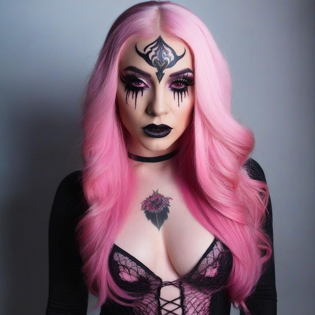  4 age women,full body shot ,full body portrait horrifying scary pale long pink hair ,full white eyes, black lips, black dripping eyeshadow tattoos,in pink cotton with pink trim