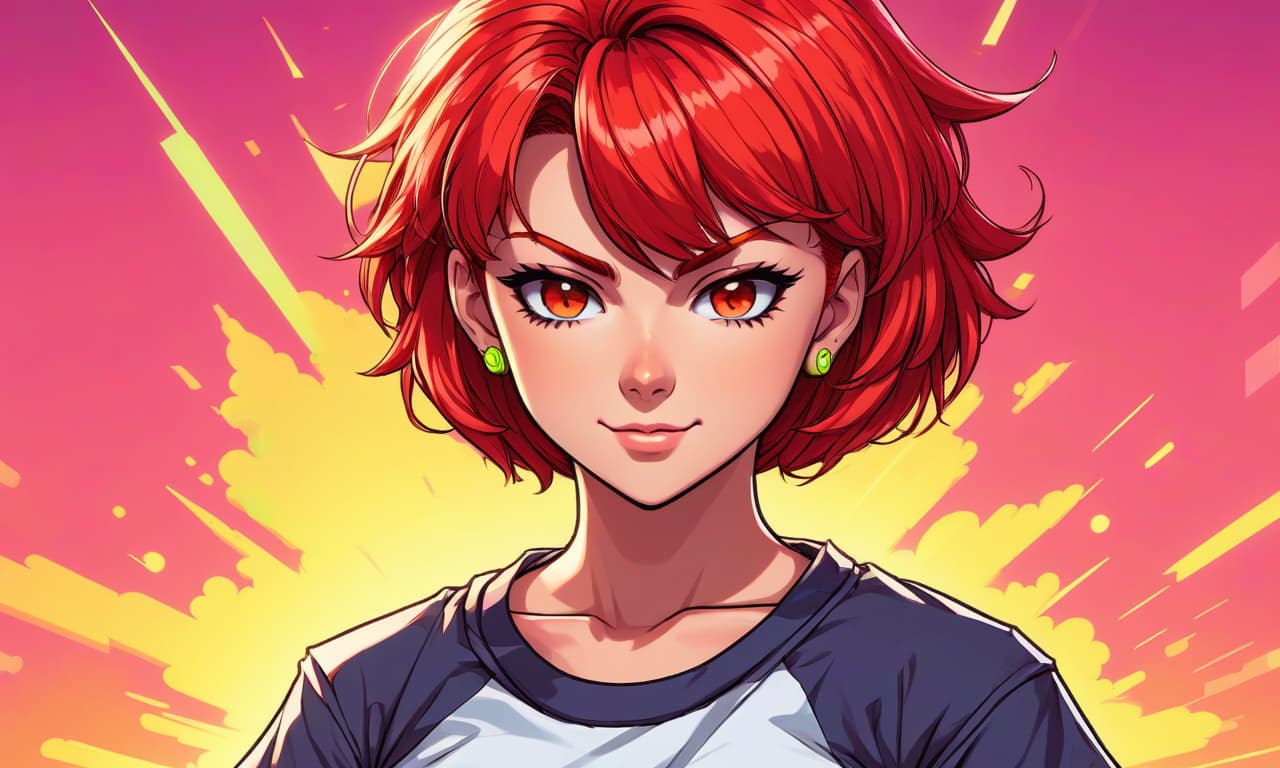  retro game art portrait , beautiful anime , with red hair, beautiful eyes, tight t shirt , high , short haircut , neon background . 16 bit, vint colors, pixelated, nostalgic, charming, fun