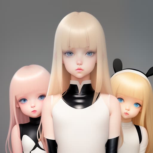   with blue eyes and light skin, round face, small plump lips, small nose, naive, long eyelashes, blond hair, loose, bangs, white top without arms , black leather with , , avatar, anime, cute, hare, embarrment, pink