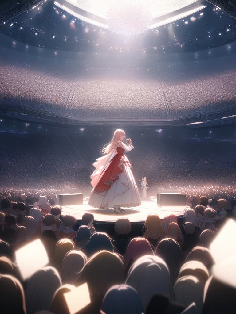  singing songs on the stage, a lot of spectators around, one is yellow hair, one is light blue hair, one sings on pink hair, stage, five girls, all the hairs are different., masterpiece, best quality,8k,ultra detailed,high resolution,an extremely delicate and beautiful,hyper detail