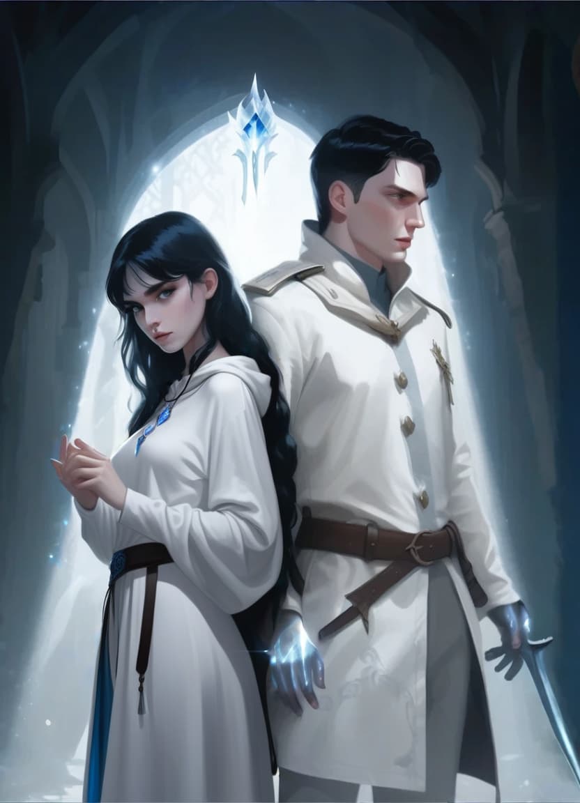  the girl is dressed in black pants, a white shirt and a hooded cloaka blue crystal glows on the girl's neck. fantasy. middle ages. pale skin, hkmagic