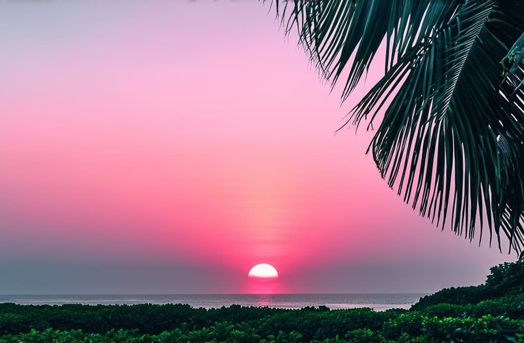  professional detailed photography, a breathtakingly beautiful pink sunset brilliantly illuminates a serene and tranquil tropical landscape ar 3:2, (muted colors, dim colors, soothing tones), (vsco:0.3)