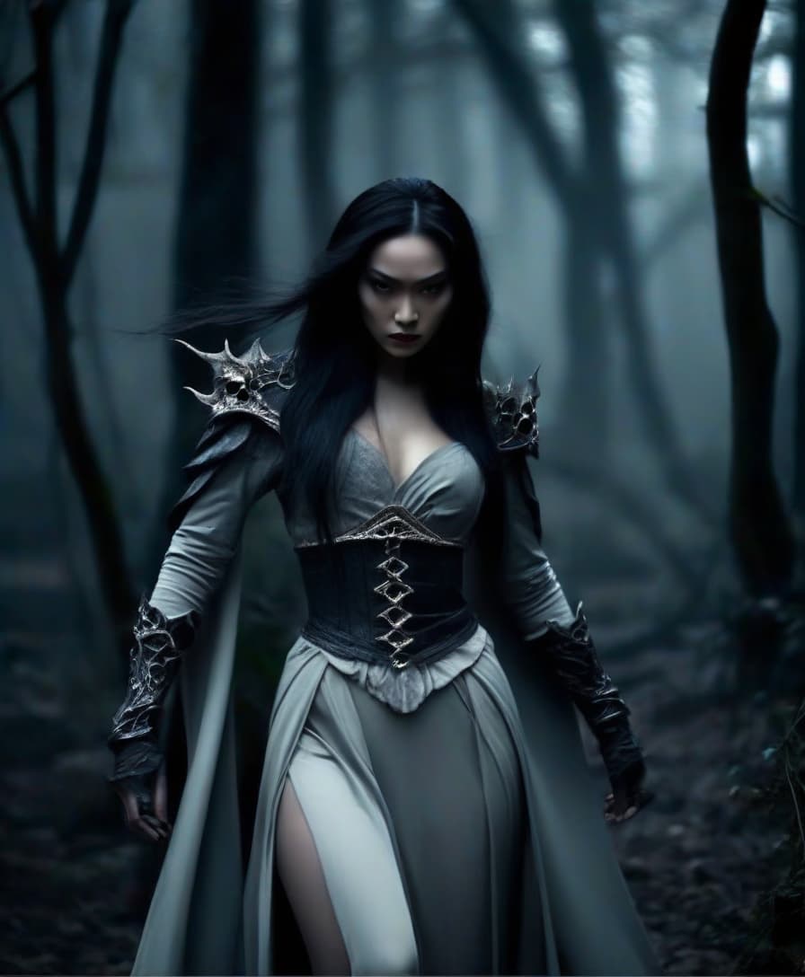  macabre style transform. movie actress fei ren as the queen of the elves of the thief fighter. mail on a skirt. in the dark atrium. . dark, gothic, grim, haunting, highly detailed, perfecteyes, perfect hands