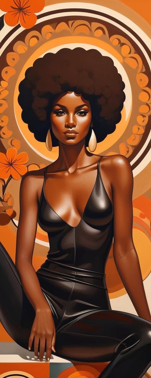  minimalism, a beautiful african woman with brown skin. with an afro. she wears a flowy black outfit. she is resting with a panther. a retro brown 70s flower design is in the background. a minimalist painting, abstract, simple geometic shapes, hard edges, sleek contours, minimalism