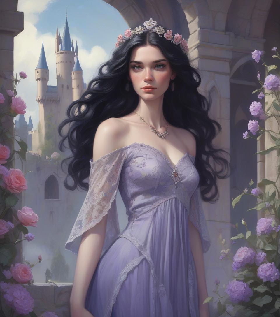  concept art beautiful freckled queen goddess with long wavy black hair, delicate features, pale skin, red cheeks, natural makeup, wearing a lavender dress with lace embroidered flowers, intricate stunning highly detailed girl by artgerm and edouard bisson, highly detailed oil painting, portrait of a beautiful person, art by stanley artgerm, charlie bowater, atey ghailan and mike mignola, silver jewelry, princess, goddess, high quality background, fantasy character concept art, blue sky and castle wall background, prin . digital artwork, illustrative, painterly, matte painting, highly detailed