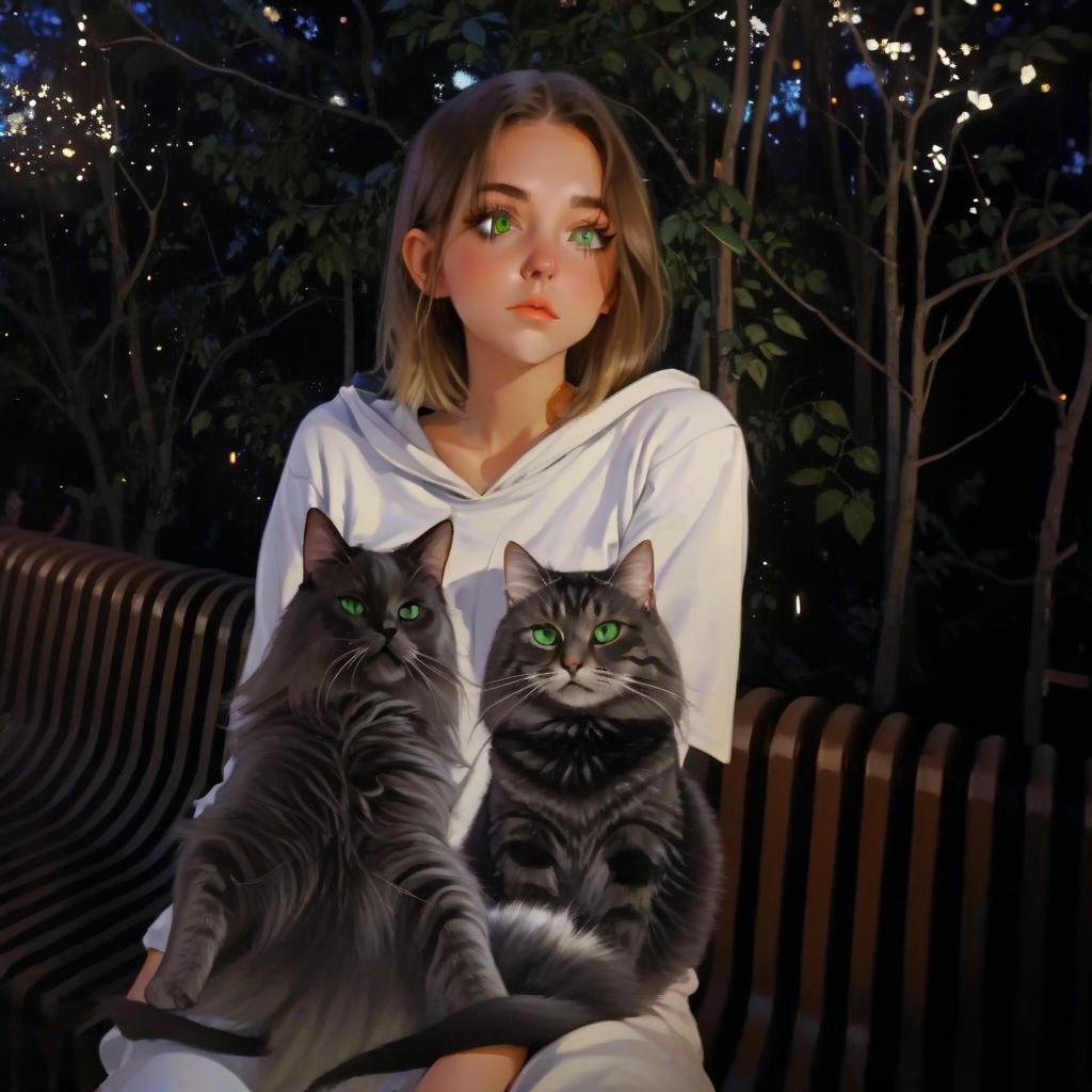  girl with dark green eyes, two cats, space in the background, love of music, idol,