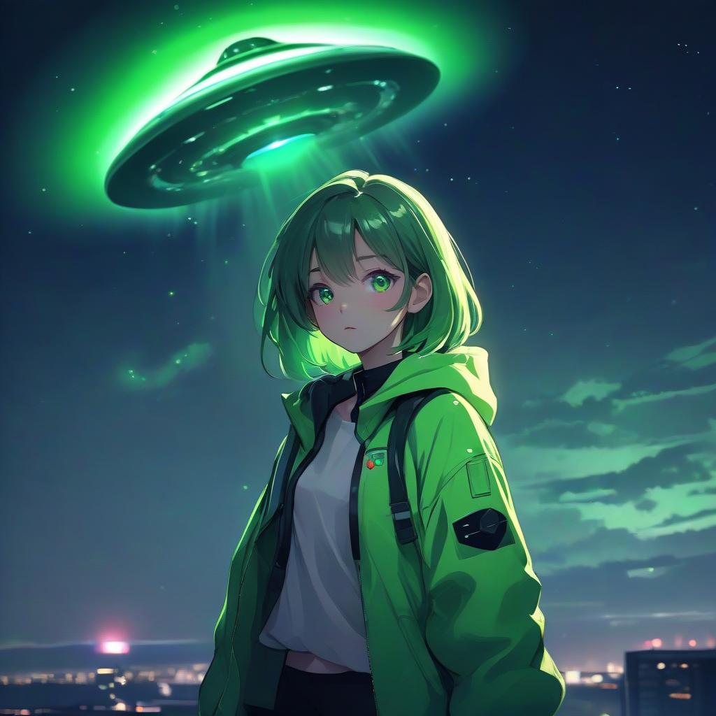  girl in anime style in a green jacket, green color, night, bright light, ufo in the sky