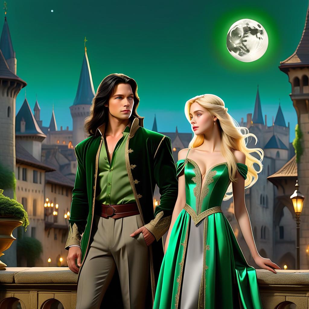  breathtaking a handsome man with long black hair, light gray eyes, no beard, no mustache, in aristocratic rich clothes stands next to a young blonde with long blonde hair in a green velvet dress, full height, against the background of a medieval city, night, moon in the sky, fantasy, tolkin, jared summero, brad pitt . award winning, professional, highly detailed, hkmagic