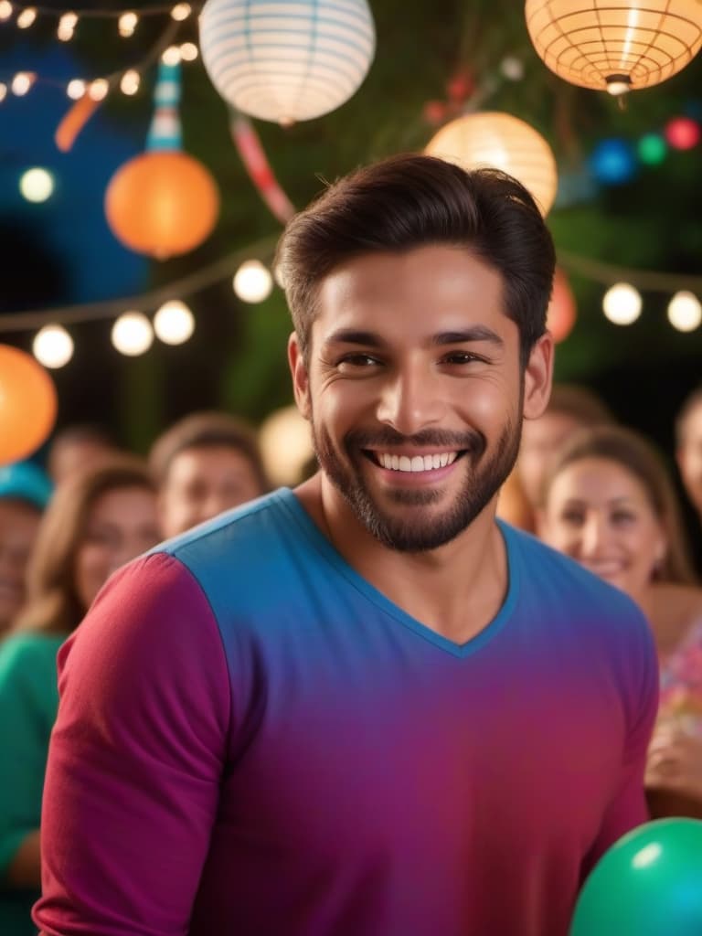  un joven (hombre)sonriente con una camisa de manga larga lisa, disfrutando de una animada fiesta al aire libre. la iluminación es nítida y brillante, resaltando su expresión alegre. en el fondo, se pueden ver a otras personas divirtiéndose, riendo y socializando, rodeados de decoraciones festivas y luces suaves. la escena está llena de colores vibrantes y un ambiente festivo, capturada en calidad fotorealista 4k, que resalta cada detalle de la felicidad del momento.