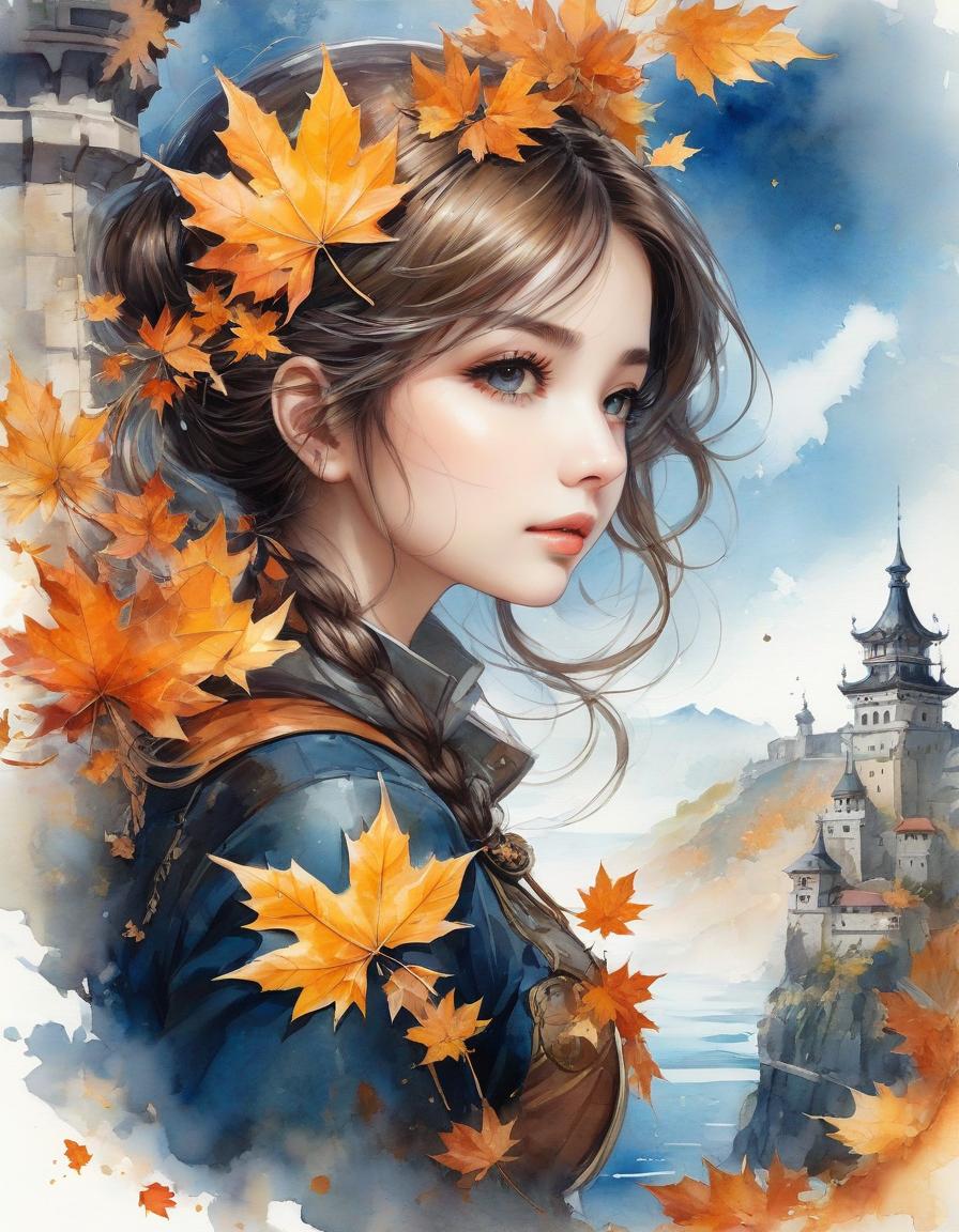  sfumato watercolor with elements of anime, steampunk and calligraphy, delicate autumn colors, gold, orange, blue, double exposure, profile of a cute autumn girl in maple leaves against the background of a fortress in the mountains by the sea, fusion and disintegration, fusion of textures, symbiosis of jewels and ruins, dark fantasy, dark botanical, surrealism, filigree drawing of small details