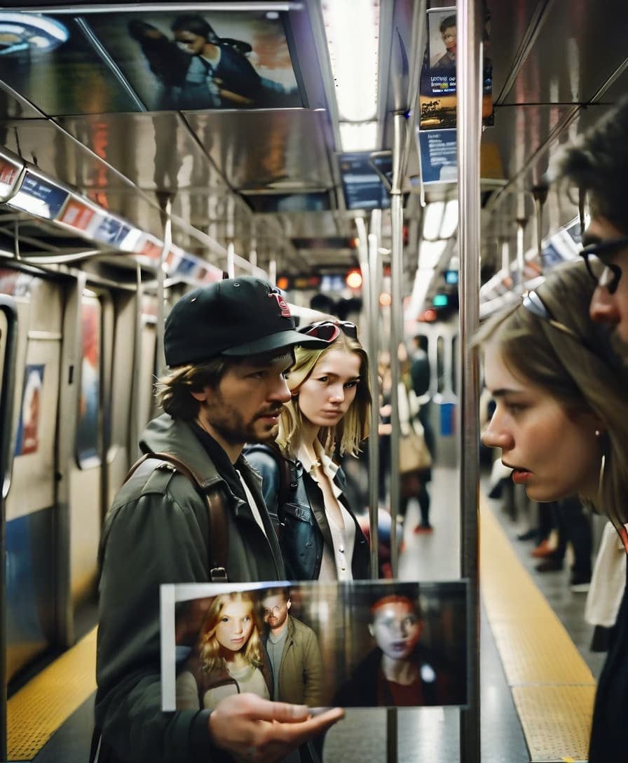  cinematic photo a guy and a girl go on the subway with a picture of what the guy has inside . 35mm photograph, film, bokeh, professional, 4k, highly detailed, film photography style