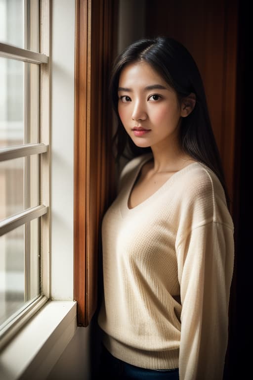  a high resolution, asian girl behind window, distorted light, warm colors, advertising photo,high quality, good proportion, masterpiece , the image is captured with an 8k camera