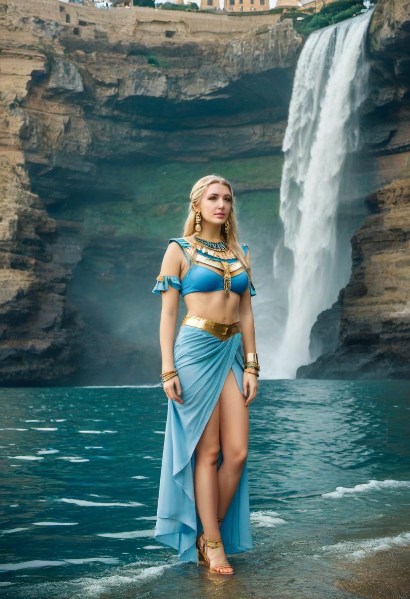  nautical themed full growth cosplay of an elf fit girl, a fair haired girl similar to dani daniels, she's wearing outfit in the mix of ancient egypt and rome style, beautiful earrings, twiggy makeup, a waterfall in the background. . sea, ocean, ships, maritime, beach, marine life, highly detailed, film photography style