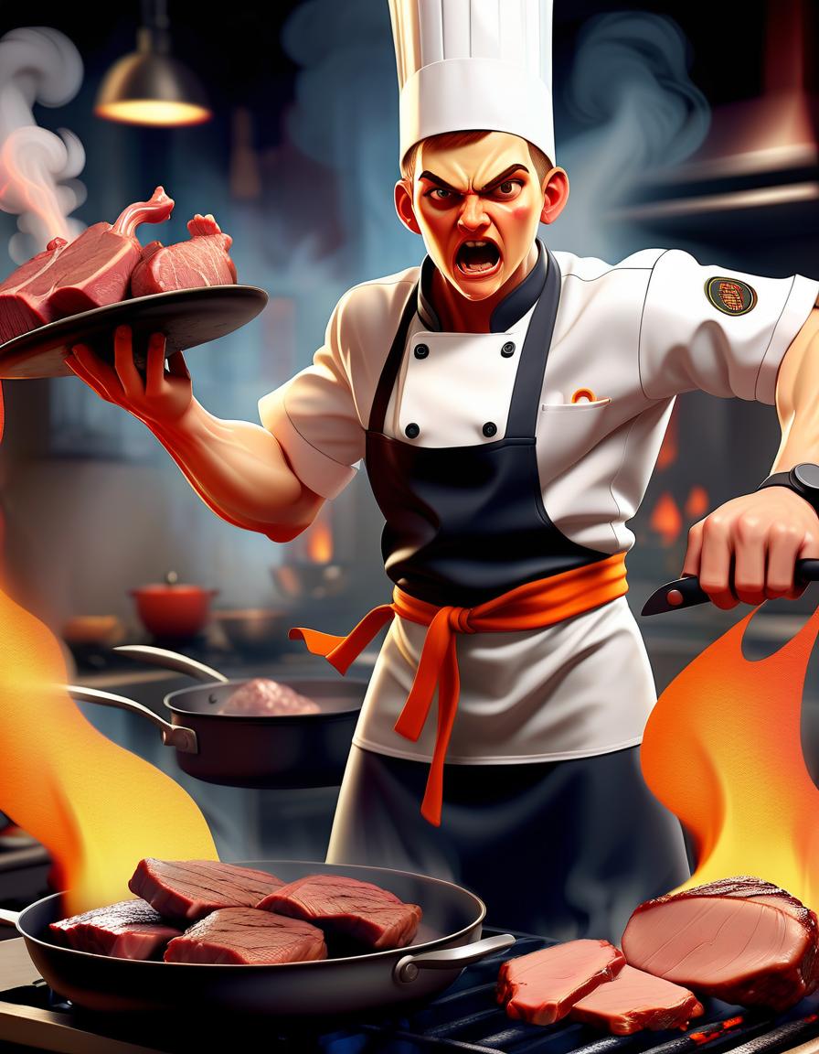  fighting game style a young chef in modern uniform, expertly searing meat in a pan, with fire and steam rising behind them. . dynamic, vibrant, action packed, detailed character design, reminiscent of fighting video games