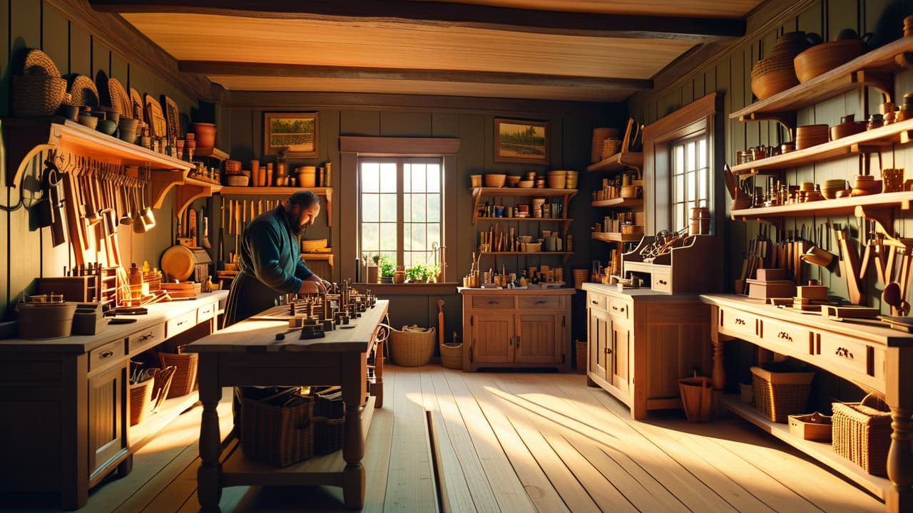  a skilled woodworker in a sunlit workshop, surrounded by elegant furniture pieces, intricate carvings, and tools. show wooden projects like shelves, toys, and decor, with a rustic, cozy ambiance and sawdust scattered on the floor. hyperrealistic, full body, detailed clothing, highly detailed, cinematic lighting, stunningly beautiful, intricate, sharp focus, f/1. 8, 85mm, (centered image composition), (professionally color graded), ((bright soft diffused light)), volumetric fog, trending on instagram, trending on tumblr, HDR 4K, 8K