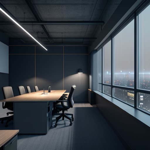  a mysterious intelligence agency office (office:1.3) featuring sleek modern design, dark wood furnishings, and high tech surveillance equipment, set in a dimly lit room with large windows overlooking a city skyline at dusk (city:1.2), rendered in a highly detailed digital painting style (digital:1.4), emphasizing shadows and a moody atmosphere with a cool color palette of blues and grays, 4k resolution, negative prompt: bright colors, cluttered space, outdoor scenes. soviet poster style hyperrealistic, full body, detailed clothing, highly detailed, cinematic lighting, stunningly beautiful, intricate, sharp focus, f/1. 8, 85mm, (centered image composition), (professionally color graded), ((bright soft diffused light)), volumetric fog, trending on instagram, trending on tumblr, HDR 4K, 8K