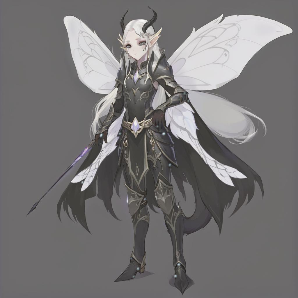  dnd, young , small black horns on the head, white skin, white hair, long hair in the tail, black eye white, white iris, pointed elven ears, white wings of a moth, black leather armor, pearl on the , hkmagic