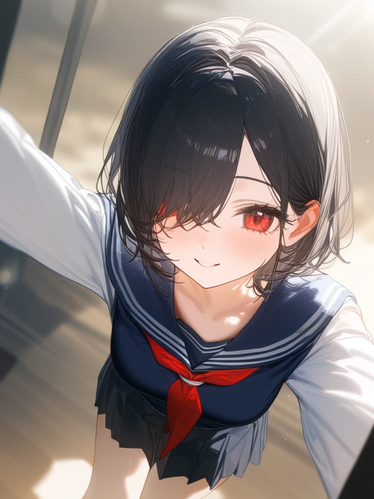  girls, thin body, black hair, short bob, red eyes, young face, hide one eye, sailor suit, pleated skirt, smile, masterpiece, best quality,8k,ultra detailed,high resolution,an extremely delicate and beautiful,hyper detail