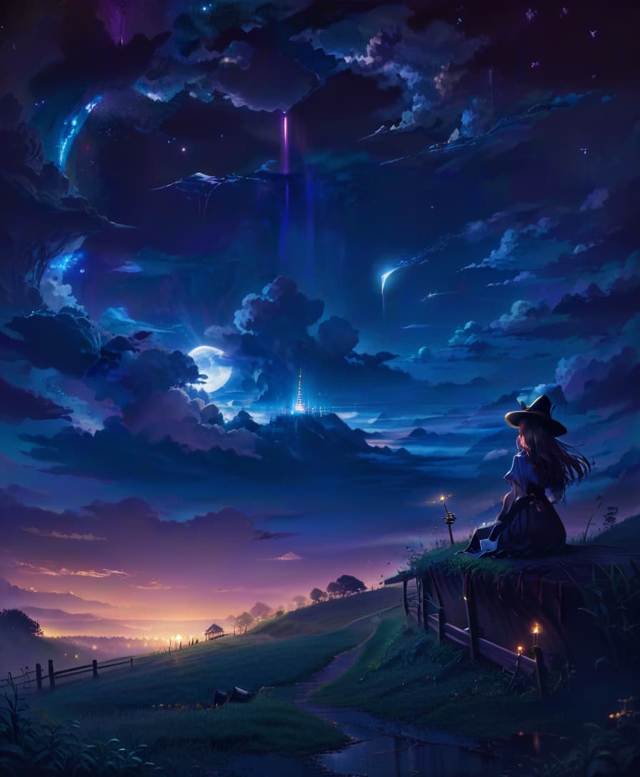  anime artwork night landscape, starry sky, dark, meadow at the bottom of the frame, witch in the right corner of the frame, sitting with her back to the viewer, sitting on a fence, magic, witchcraft, surrealism, magic wand . anime style, key visual, vibrant, studio anime, highly detailed, civitai, oil painting, glowneon