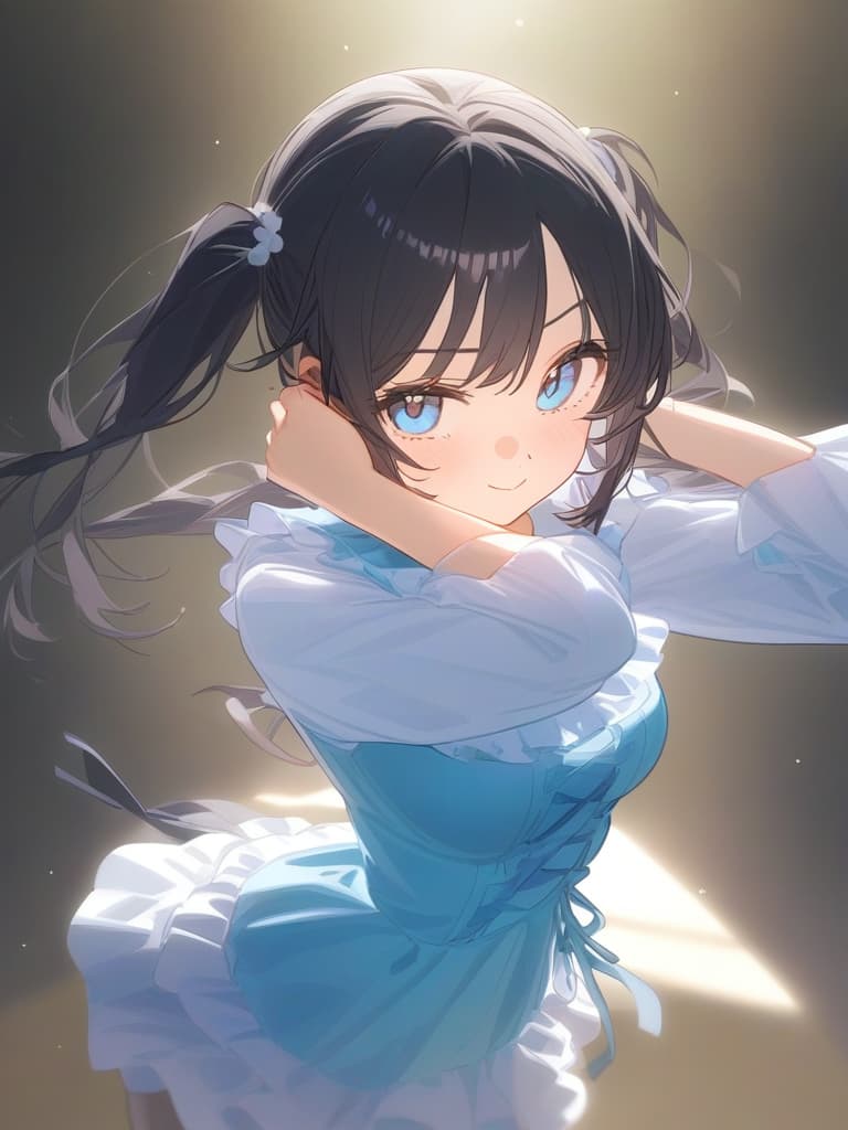  cute face focus,cute,black hair,light blue eyes,cute posing,frill onepiece,low twin tail