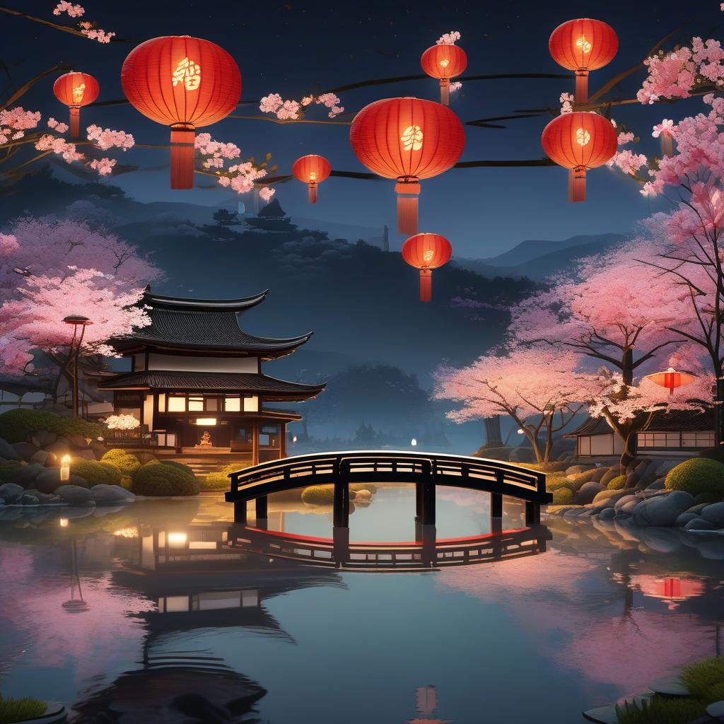  masterpiece, best quality, (fidelity:1.4), best quality, masterpiece, ultra high resolution, 8k resolution, night view inspired by Japanese art, featuring a garden illuminated by paper lanterns and a wooden bridge spanning a tranquil lake with a small Zen temple beside the lake.