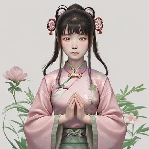  chinese second dimensional ancient style girl, gentle and quiet, with floral elements, with pink and green as the main colors.