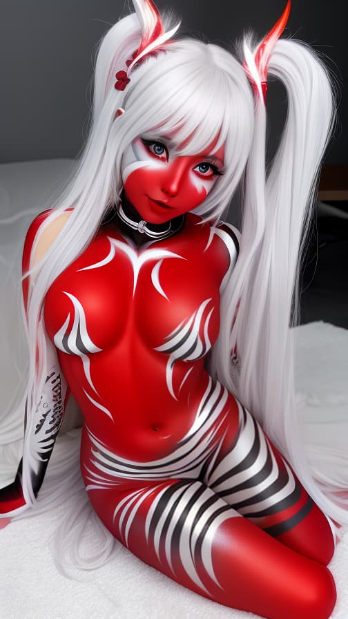  Full body red and silver flame pattern body paint,silver body paint on the whole body,White face paint on the face,succubus 女の子