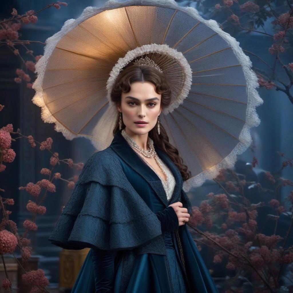  Keira Knightley as Anna Karenina hyperrealistic, full body, detailed clothing, highly detailed, cinematic lighting, stunningly beautiful, intricate, sharp focus, f/1. 8, 85mm, (centered image composition), (professionally color graded), ((bright soft diffused light)), volumetric fog, trending on instagram, trending on tumblr, HDR 4K, 8K