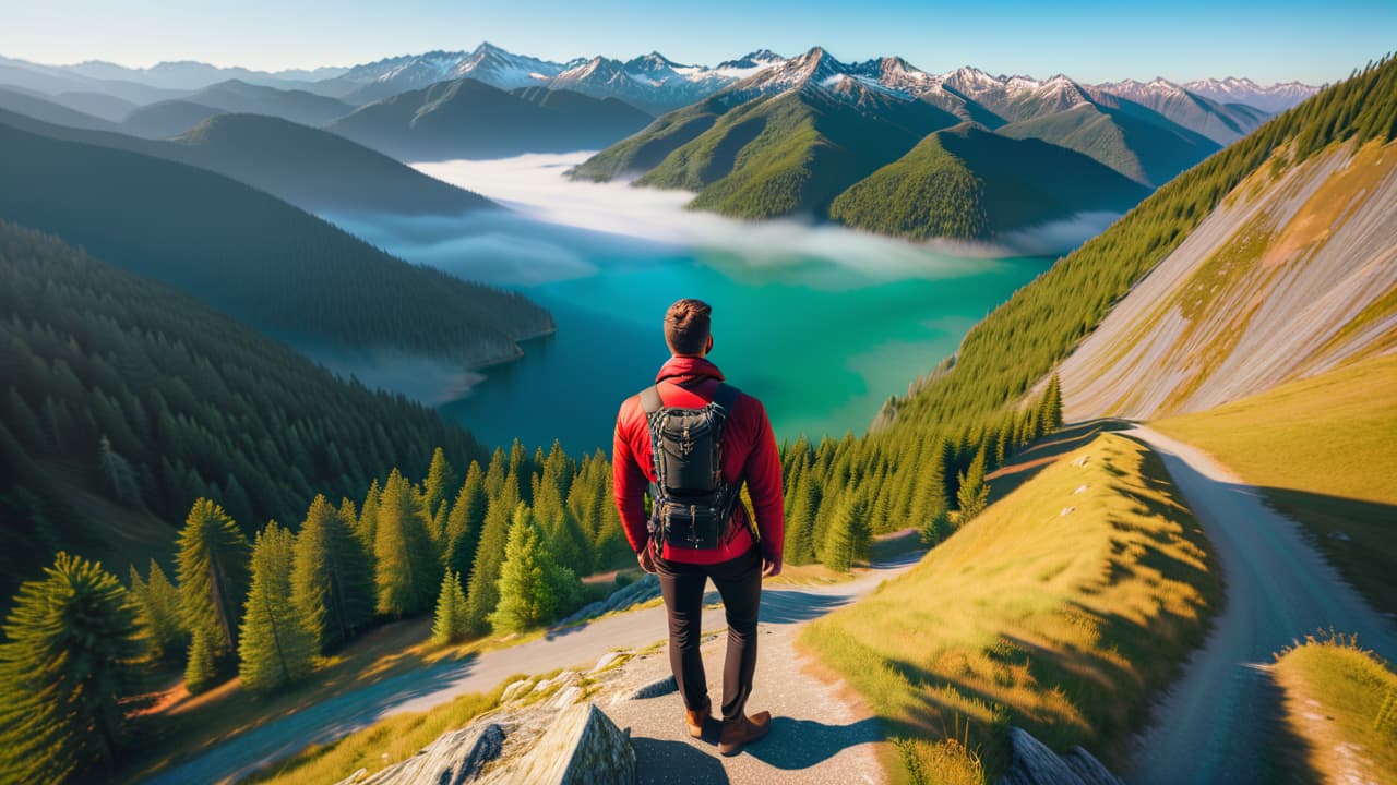  a vibrant aerial view of a scenic landscape captured by a drone, featuring a photographer poised with a drone controller, surrounded by stunning mountains and a clear blue sky, showcasing the essence of drone photography. hyperrealistic, full body, detailed clothing, highly detailed, cinematic lighting, stunningly beautiful, intricate, sharp focus, f/1. 8, 85mm, (centered image composition), (professionally color graded), ((bright soft diffused light)), volumetric fog, trending on instagram, trending on tumblr, HDR 4K, 8K