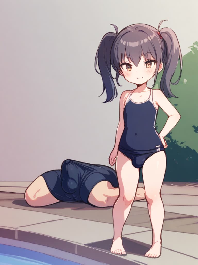  women's elementary students (male), twin tails, cute smiles, rich s, low stature, dark blue swimwear, old swimwear, , simple, , (bulge), male (bulging), front, whole body, pool side,