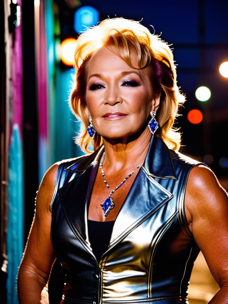  A younger country singer Tanya Tucker, medium shot, upper body, spotlight, long exposure lighting, street art style spray paint, glamour lighting