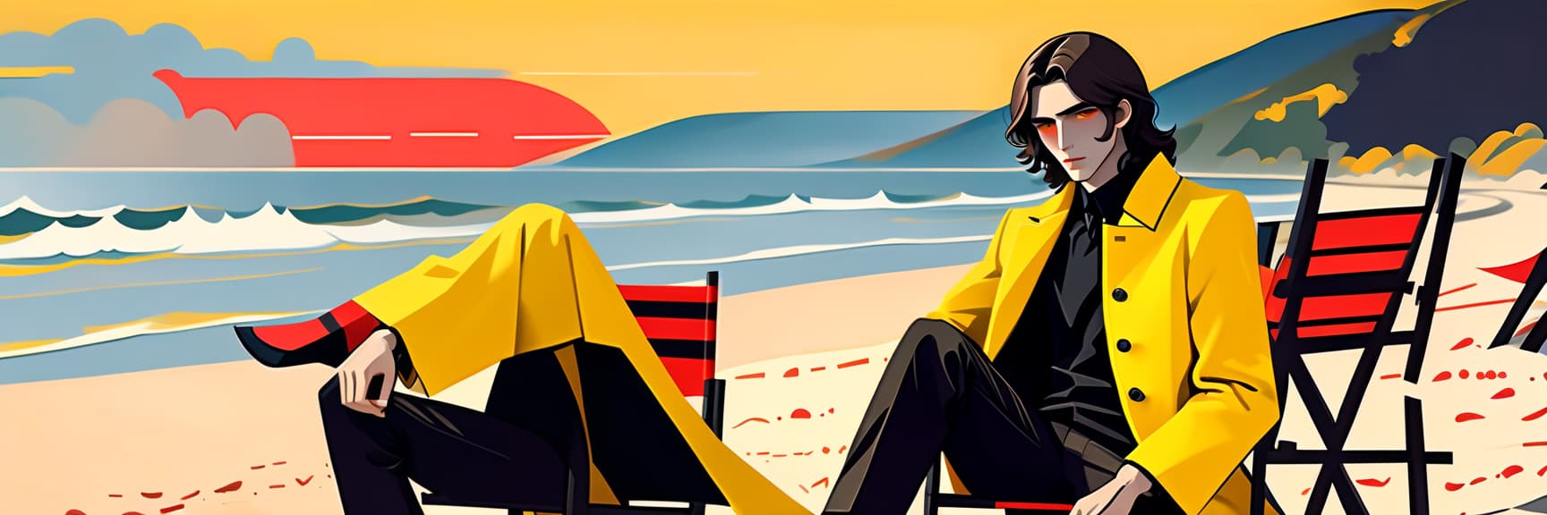  constructivist style a young man sits on a chair on the beach. he has long dark brown hair that gently falls on his shoulders, and his face, with jewish and slavic features, exudes calmness with brown eyes. he is dressed in a bright yellow coat that immediately attracts attention and contrasts with the surrounding landscape. under the coat is a black shirt, and black pants are additionally decorated with yellow elements, creating a harmonious and stylish image. the sun sets over the horizon, shrouding everything around in red shades, and bright red stripes lie on the surroundings contrasting with the darkness and creating a magical atmosphere. . geometric shapes, bold colors, dynamic composition, propaganda art style