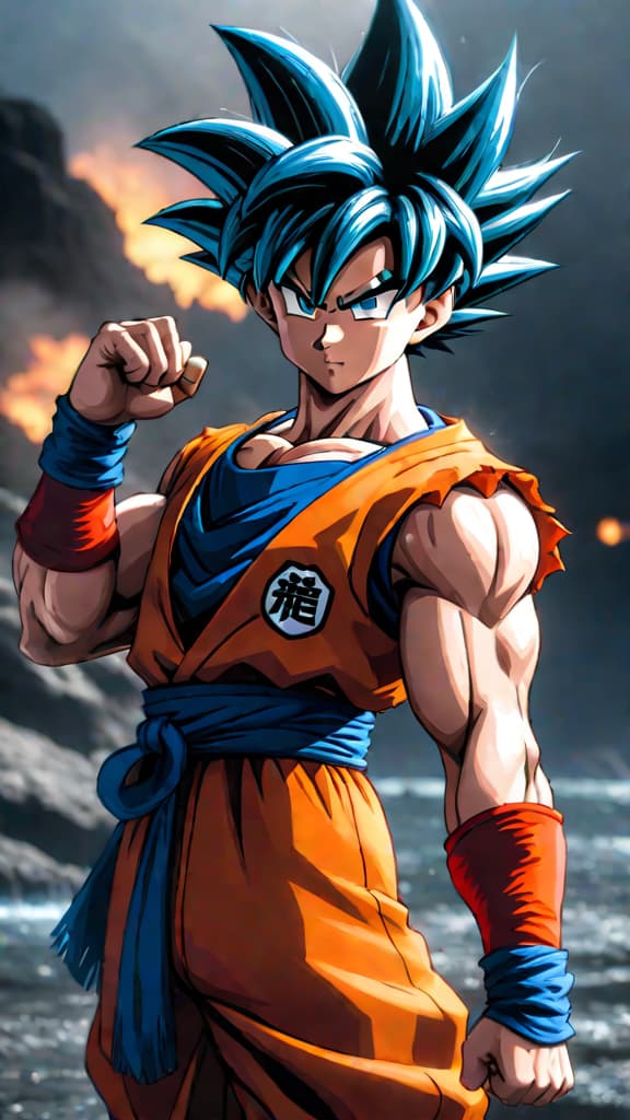  anime art prompt: goku from dragon ball achieving a game changing transformation, hinting at a fusion of ultra instinct and super saiyan blue. hyperrealistic, full body, detailed clothing, highly detailed, cinematic lighting, stunningly beautiful, intricate, sharp focus, f/1. 8, 85mm, (centered image composition), (professionally color graded), ((bright soft diffused light)), volumetric fog, trending on instagram, trending on tumblr, HDR 4K, 8K